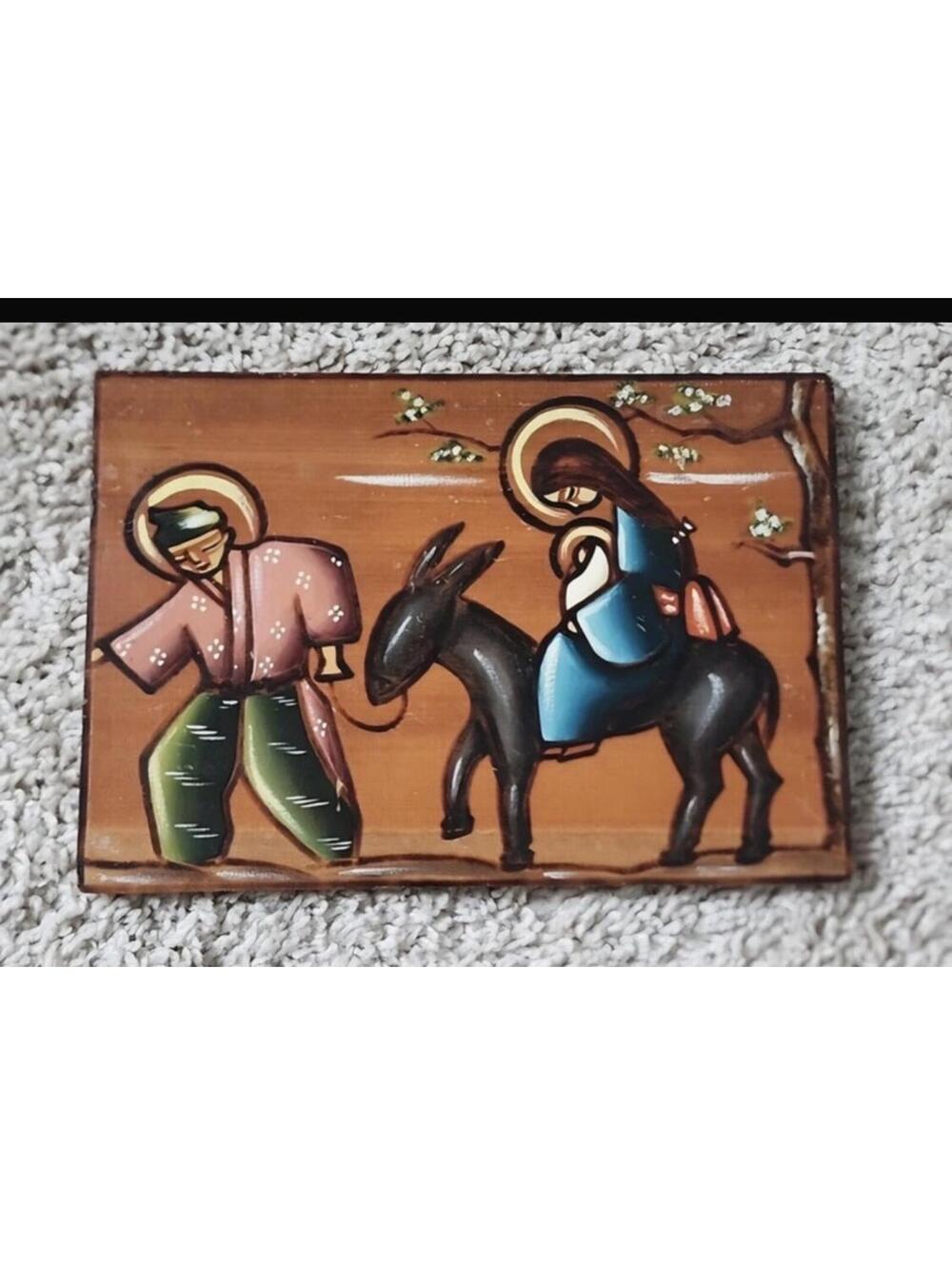 Hand-Painted Wooden Religious Plaque with Nativity Scene